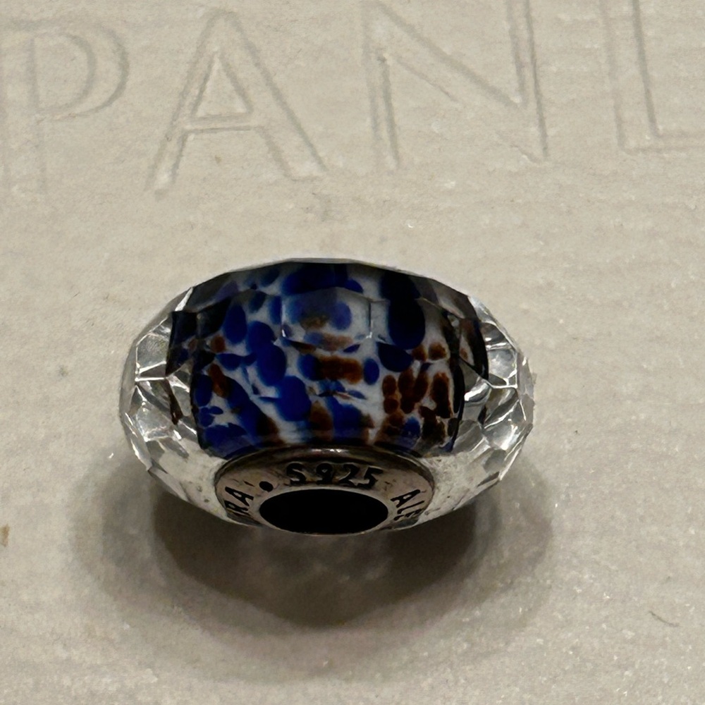 Pandora Murano-Style Glass Bead Charm with Blue and Brown Spots